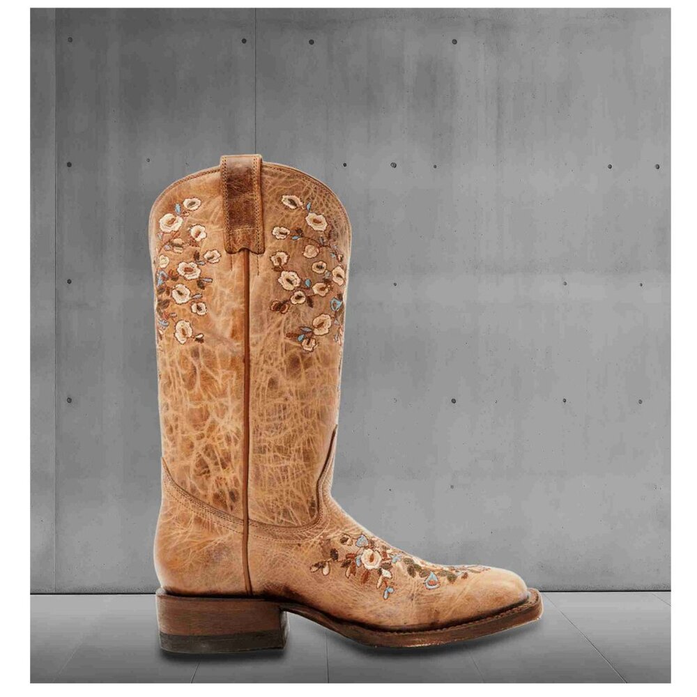 Shyanne Womens Tan Floral Vamp Broad Square Toe Western Boots